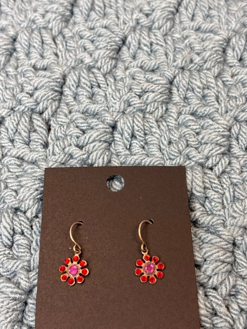 Dainty Rhinestone Flower Dangle Earrings Red Pink Silvertone Hooks 3/8 inch